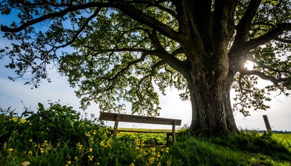 A large, ancient oak tree provides shade over a simple wooden bench in a field of wildflowers.