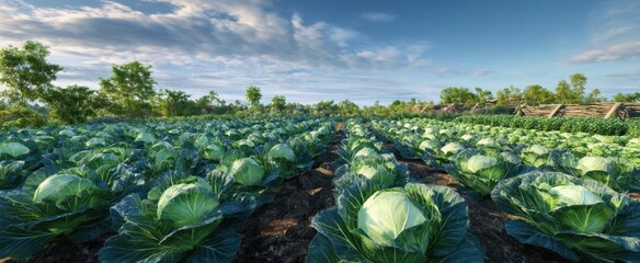 The Cabbage Field at Sunrise with Rows of Lush Green Heads and Blue Sky