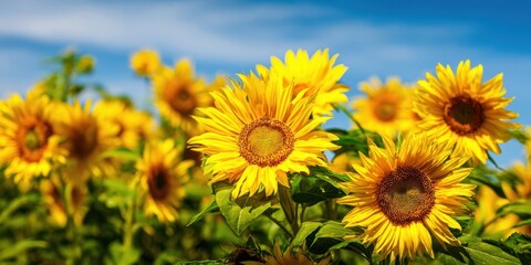 Obraz premium The Sunflower Field Under Blue Sky with Vibrant Yellow Blooms and Green Leaves