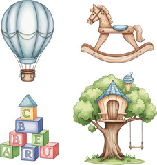 Watercolor illustration of a hot air balloon, rocking horse, alphabet blocks, and a treehouse.