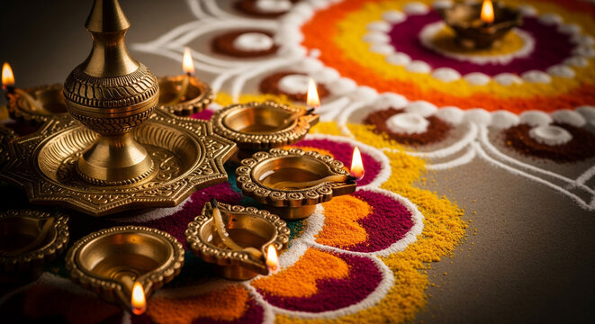 Beautiful Diwali Decoration with Ornate Brass Diya on a Large Colorful Rangoli, Hero Image