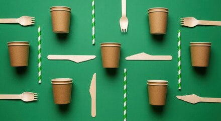 Ecofriendly disposable paper cups, wooden cutlery, and straws arranged on a green background, promoting sustainable choices for events
