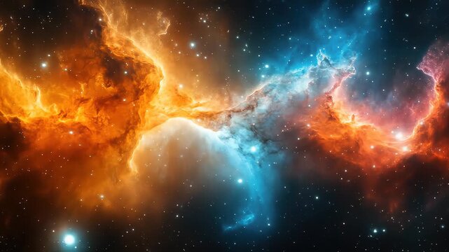 Colorful Nebula in Deep Space &ndash; Fiery Orange and Cool Blue Cosmic Clouds with Starfield Background
