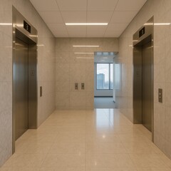  A sleek elevator lobby in a skyscraper with polished marble floors and walls, stainless steel elevator doors, digital floor indicators, and natural light leading to a cityscape view.