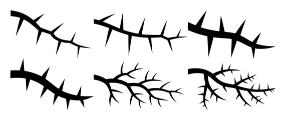 Collection of Black Silhouette Thorns and Branches on White Background