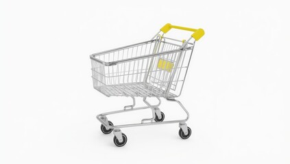 A chrome shopping cart with yellow handles is angled on a plain white background.