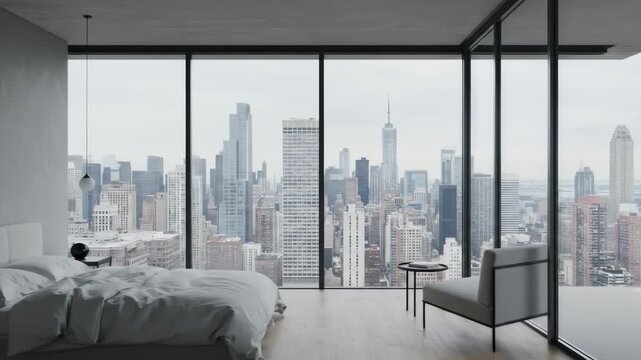 A bedroom with a cityscape view through large windows, showing a bed with rumpled white sheets, a chair, and a side table. A pendant lamp hangs