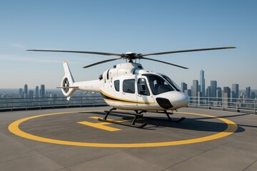  A sleek white helicopter with yellow and black accents rests on a rooftop helipad of a skyscraper, marked with a bold yellow &ldquo;H,&rdquo; surrounded by safety railings and a panoramic urban skyline backdrop.