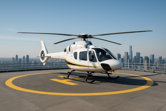  A sleek white helicopter with yellow and black accents rests on a rooftop helipad of a skyscraper, marked with a bold yellow “H,” surrounded by safety railings and a panoramic urban skyline backdrop. - Powered by Adobe