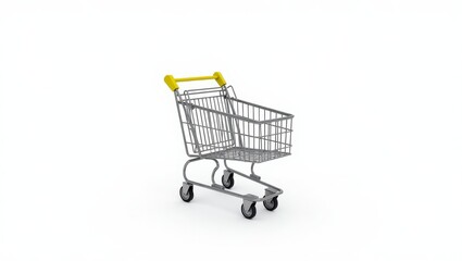 Fototapeta premium A gray shopping cart with yellow handles is presented on a plain white background.