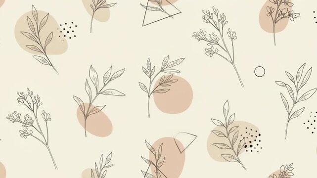 Beige seamless pattern of abstract shapes, leaves, and dots in a minimalist, line-art style with a neutral color palette