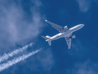 Obraz premium Airplane flying high in the sky with contrails during a sunny day