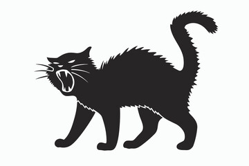 Frightened black cat arched back with open mouth vector silhouette isolated on white background 