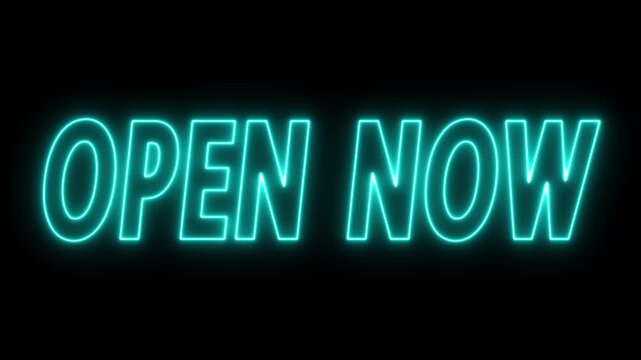 Animated glowing flickering neon inscription open now. neon open now text animation