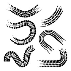 Collection of Black Tire Tracks and Tread Patterns on White Background