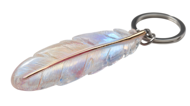 A delicate resin feather keychain, with intricate details and a translucent, iridescent finish, symbolizing lightness and freedom, adding an elegant touch, isolated on a Transparent Background