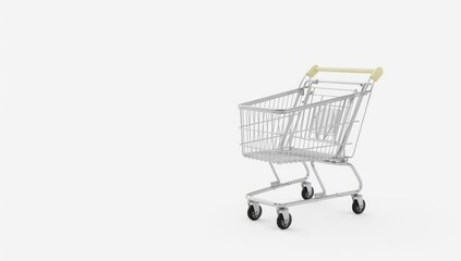 A stainless steel shopping cart stands on a plain white background, showcasing its metallic design and simple form.