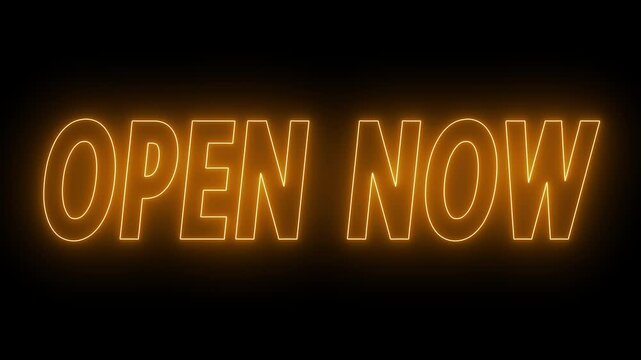 Animated glowing flickering neon inscription open now. neon open now text animation