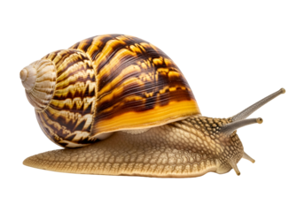Detailed close-up of a large, patterned land snail against a black background, showcasing intricate shell designs and textured skin.