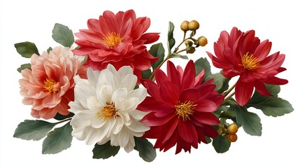 Colorful Arrangement of Red and White Flowers with Green Leaves on White Background