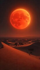 Red Moon Rising Over a Desert Landscape, Eerie and Surreal