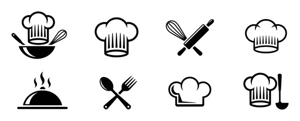 Collection of Culinary Icons: Chef Hats, Utensils, and Food Service Symbols