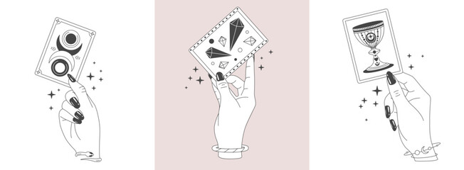 Set of magic witchcraft line art hands with tarot cards. Esoteric hand gesture logo. Vector illustration