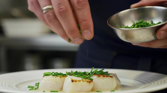Chef adding chives to seared scallops dish on white plate. Preparation of gourmet seafood dish in restaurant