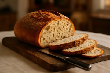 Fresh organic bread on cutting board