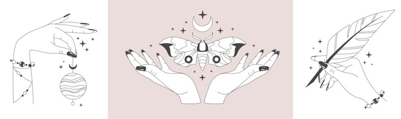 Set of magic witchcraft line art hands with tarot cards. Esoteric hand gesture logo. Vector illustration