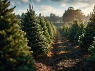 Rows of evergreen trees in a Christmas tree farm during golden hour near a serene landscape just before winter celebrations