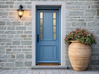 Charming entrance porch, blue door, modern lamp attached to grey modern stone bricks wall house, complemented by large clay vase filled with flower plants