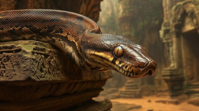 Close up of a brown patterned python on ancient temple ruins