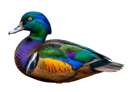 A vibrantly colored duck, displaying a spectrum of iridescent hues against a stark black background, showcasing the detailed feather patterns.