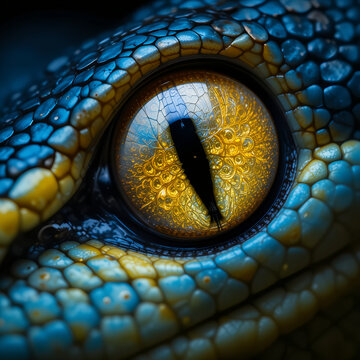 close up of a blue  sanke yellow eyes