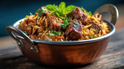 Fototapeta premium A beautifully garnished bowl of aromatic biryani, featuring tender chunks of meat, vibrant spices, and fresh herbs, creating a feast for the senses.