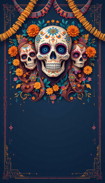 Vibrant dia de los muertos sugar skull art with floral embellishments and festive garlands on a dark background