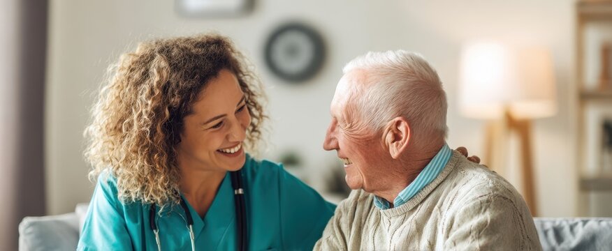The Caregiver and Elderly Man Sharing a Warm, Joyful Moment at Home - Powered by Adobe