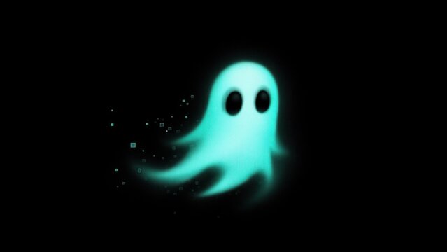 Ethereal Glowing Cyan Ghost with Pixelated Trail on Dark Background