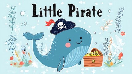 Cute whale pirate with treasure chest