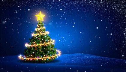 Starry night, Christmas tree glowing. Xmas tree with lights and snowflakes. Snow-covered ground with Xmas tree. Bright tree and winter wonderland. Snowfall with Christmas tree lights