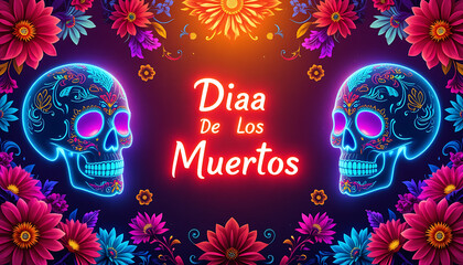 Vibrant neon skulls and flowers illuminate a festive dia de los muertos celebration with a warm inviting glow