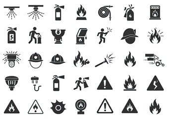 Essential fire safety icons including sprinklers, extinguishers, flames, warning signs, and firefighters for prevention and emergency preparedness, conveying urgency and protection.