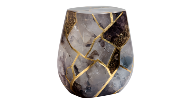 A modern resin stool with embedded geometric brass inlays, creating a striking contrast with the translucent, smoky gray resin, showcasing a contemporary design, isolated on a Transparent Background