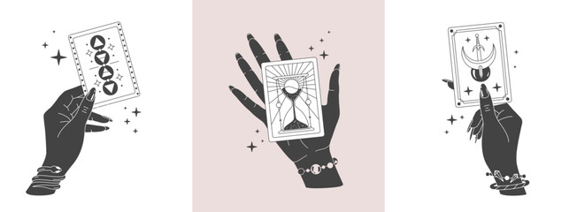 Set of magic witchcraft line art hands with tarot cards. Esoteric hand gesture logo. Vector illustration