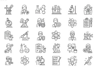 Dynamic collection of modern science and research icons featuring scientists, microscopes, and molecular structures for innovative projects