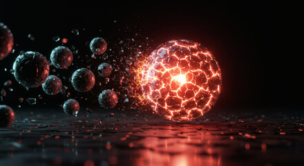 Dynamic abstract visualization of an intense energy core, powerfully radiating light and causing fragmentation, symbolizing a high-energy reaction and molecular disruption