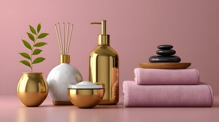 Elegant Spa and Wellness Arrangement with Gold and Natural Elements on a Soft Pink Background