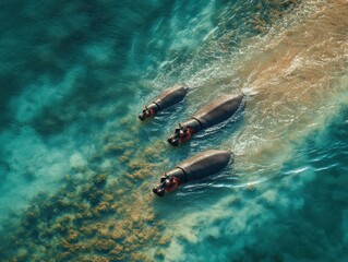 Fototapeta premium Hippos swimming in clear water near a tropical shoreline during the day under bright sunlight