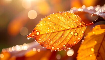 Close-up of a golden leaf covered in water droplets, backlit by the sun, creating a magical autumn scene with bokeh effects